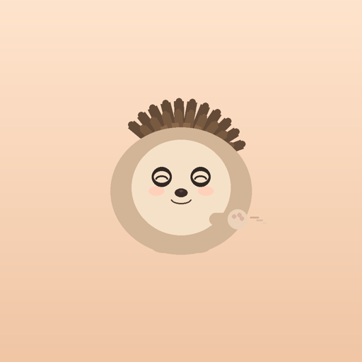 Nudge, a friendly cartoon hedgehog with spiky quills, closed smiling eyes, and pink cheeks on a soft peach background.